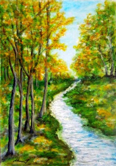 Painting titled "Creek in the forest…" by Milka Urbaníková, Original Artwork, Acrylic