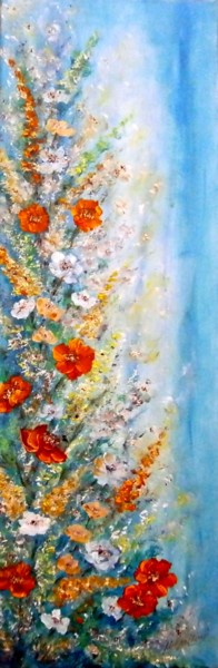 "Meadow flowers.." başlıklı Tablo Milka Urbaníková tarafından, Orijinal sanat, Petrol Ahşap panel üzerine monte edilmiş