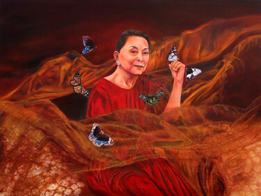 Schilderij getiteld "Wings of Helen" door Milo Abadilla, Origineel Kunstwerk, Olie Gemonteerd op Frame voor houten brancard