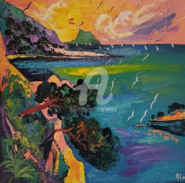 Painting titled "L île verte" by Milorv, Original Artwork, Oil Mounted on Wood Stretcher frame