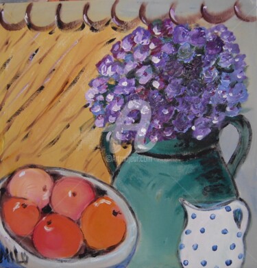 Peinture intitulée "little pot blue and…" par Milu Petersen, Œuvre d'art originale