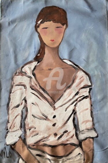 Pintura intitulada "woman in white blou…" por Milu Petersen, Obras de arte originais, Acrílico