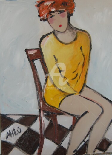 Painting titled "mulher com vestido…" by Milu Petersen, Original Artwork