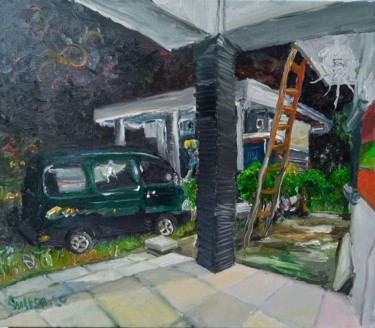 Painting titled "Parking car" by Mim Sulthoni, Original Artwork, Oil