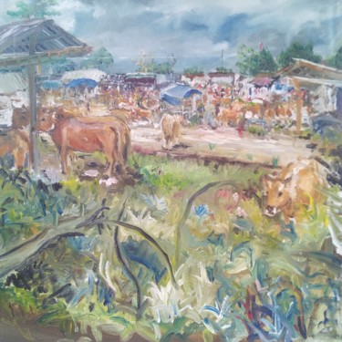 Painting titled "Cows market" by Mim Sulthoni, Original Artwork, Oil