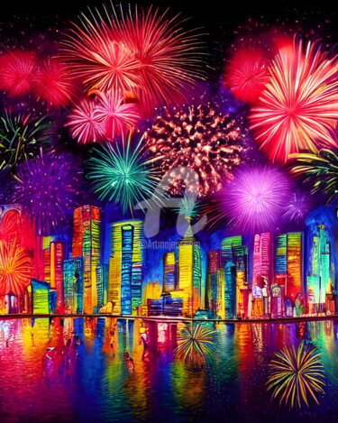 Digital Arts titled "Fireworks over city…" by Mina Nakamura, Original Artwork, Digital Painting