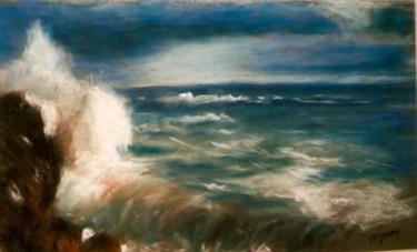 Painting titled "Vague et rocher" by Jean-François Lerooy, Original Artwork, Oil