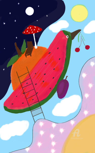 「The Watermelon bird」というタイトルのデジタルアーツ Miracleによって, オリジナルのアートワーク, デジタル絵画