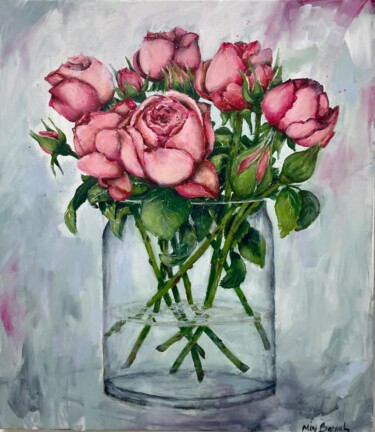 Картина под названием "Pink roses in a vase" - Miri Baruch, Подлинное произведение искусства, Акрил