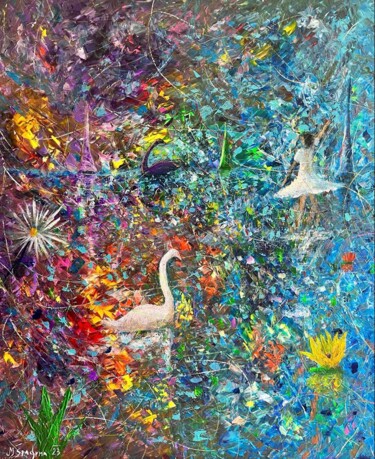 Schilderij getiteld "El lago de los cisn…" door Miroslav Spadrna, Origineel Kunstwerk, Acryl Gemonteerd op Frame voor houten…