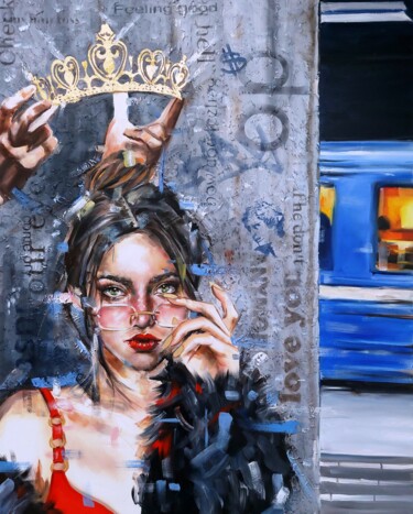 Schilderij getiteld "Urban Princess" door Simona Zecca, Origineel Kunstwerk, Olie Gemonteerd op Frame voor houten brancard