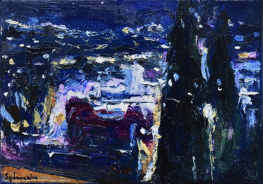Painting titled "Cannes. Nocturne" by Misha Sydorenko, Original Artwork, Oil Mounted on Wood Stretcher frame