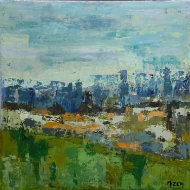 Peinture intitulée "Ville au loin 40x40" par Mizem, Œuvre d'art originale