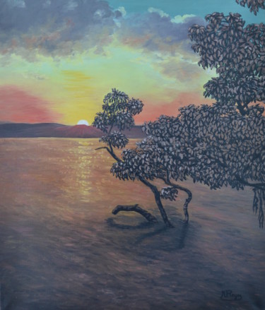Malerei mit dem Titel "Coucher de soleil s…" von Marie-Josée Reyes, Original-Kunstwerk, Öl Auf Keilrahmen aus Holz montiert