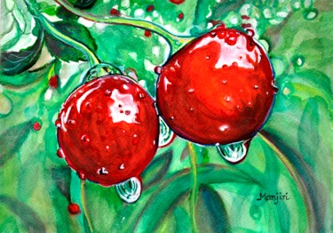 Painting titled "Red ripe Cherry in…" by Artbymanjiri, Original Artwork, Watercolor