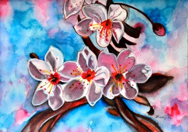 Картина под названием "Sakura flowers Japa…" - Artbymanjiri, Подлинное произведение искусства, Акварель