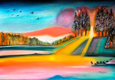 「Pink  Orange Sunset…」というタイトルの絵画 Artbymanjiriによって, オリジナルのアートワーク, 水彩画