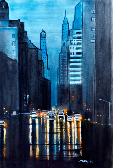 Ζωγραφική με τίτλο "Rainy City Night ci…" από Artbymanjiri, Αυθεντικά έργα τέχνης, Ακρυλικό