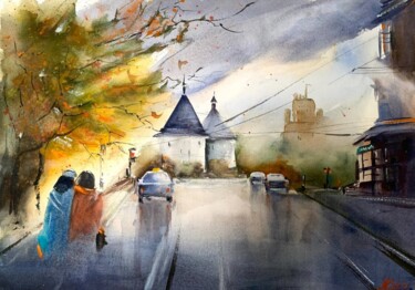 Painting titled "Autumn in the city…" by Mkate, Original Artwork, Watercolor