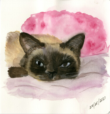 Painting titled "Grey cat" by Mkate, Original Artwork, Watercolor