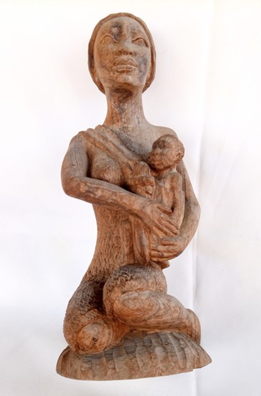 Скульптура под названием "African woman and b…" - Jafeth Moiane, Подлинное произведение искусства, Дерево