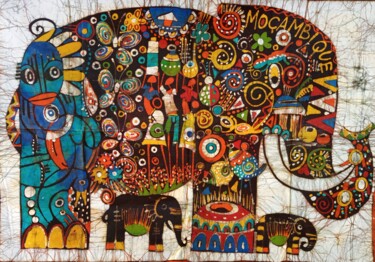 Pittura intitolato "Elephant batik pain…" da Jafeth Moiane, Opera d'arte originale, Cera
