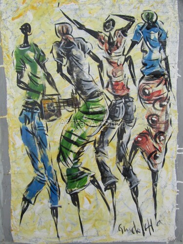 Schilderij getiteld "African rural peopl…" door Jafeth Moiane, Origineel Kunstwerk, Olie