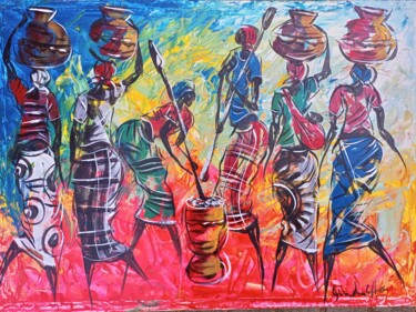 Schilderij getiteld "African village wom…" door Jafeth Moiane, Origineel Kunstwerk, Acryl