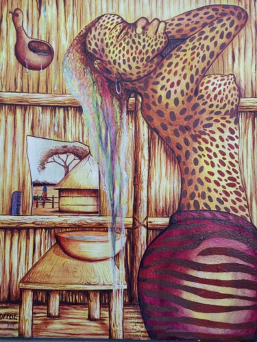 Malerei mit dem Titel "Cheetah tiger woman…" von Jafeth Moiane, Original-Kunstwerk, Acryl