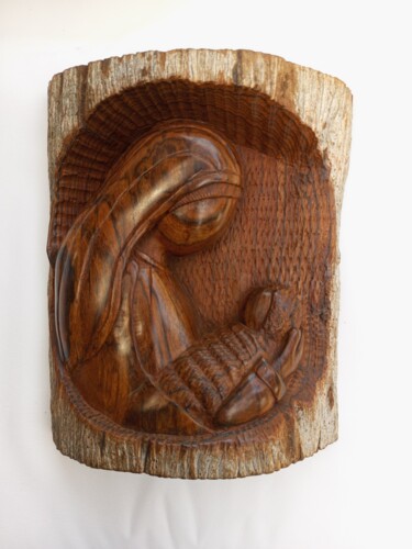 Γλυπτική με τίτλο "Mother Mary and bab…" από Jafeth Moiane, Αυθεντικά έργα τέχνης, Ξύλο