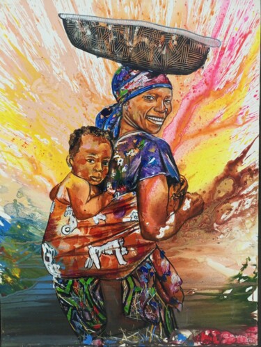 Pintura titulada "African mother carr…" por Jafeth Moiane, Obra de arte original, Acrílico