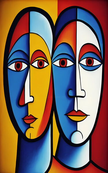 Schilderij getiteld "Couple in geometric…" door Jafeth Moiane, Origineel Kunstwerk, Acryl