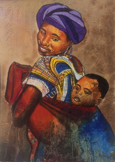 Peinture intitulée "Maternal love" par Jafeth Moiane, Œuvre d'art originale, Acrylique