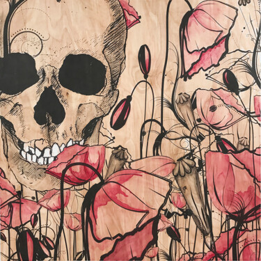 Painting titled "Skull and Poppies" by Modesty, Original Artwork, Watercolor