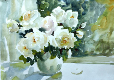 Ζωγραφική με τίτλο "White roses" από Таисия Менигечева, Αυθεντικά έργα τέχνης, Ακουαρέλα