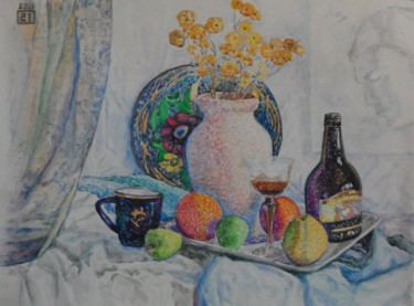 Картина под названием "Festive still life" - Moesey Li, Подлинное произведение искусства, Акварель