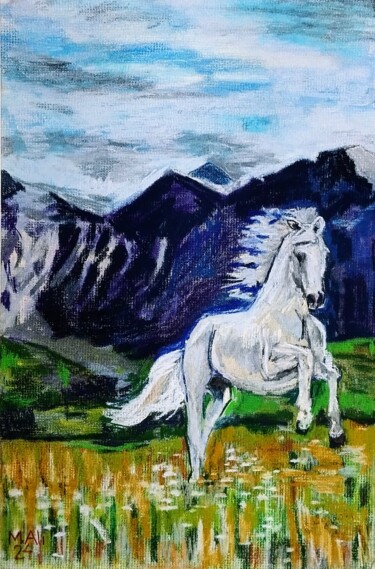 Schilderij getiteld "Horse in valley" door Mohammad Ali, Origineel Kunstwerk, Pastel