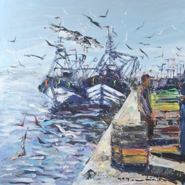 「Port de pêche mogad…」というタイトルの絵画 Mohammed Bouafiaによって, オリジナルのアートワーク, アクリル