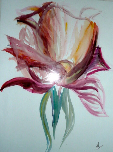 Painting titled "Rose en légèreté" by Môm, Original Artwork, Watercolor