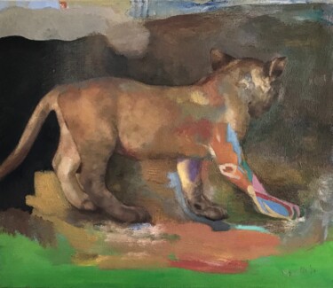 Schilderij getiteld "Junger Löwe" door Mona Dia, Origineel Kunstwerk, Olie