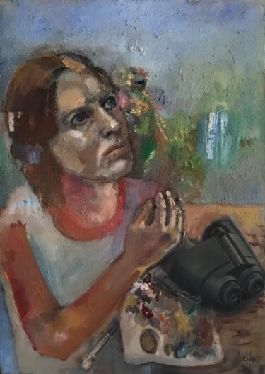 Schilderij getiteld "Selbstportrait mit…" door Mona Dia, Origineel Kunstwerk, Olie