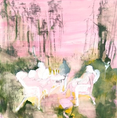 Schilderij getiteld "The Talk - Pink (Th…" door Mona Hoel, Origineel Kunstwerk, Olie Gemonteerd op Frame voor houten brancard