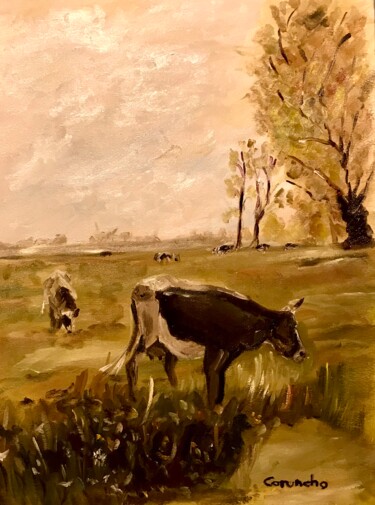 Painting titled "Vacas pastando" by Mónica Caruncho Fontela, Original Artwork, Oil