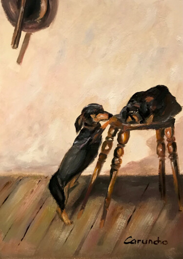 Painting titled "Dos Teckels" by Mónica Caruncho Fontela, Original Artwork, Oil
