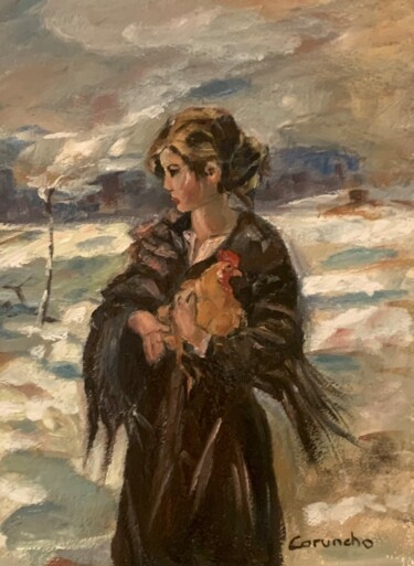 Painting titled "Niña con gallina" by Mónica Caruncho Fontela, Original Artwork, Oil