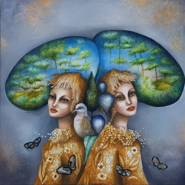 Painting titled "Affinités" by Monica Cattaneo, Original Artwork, Oil Mounted on Wood Stretcher frame
