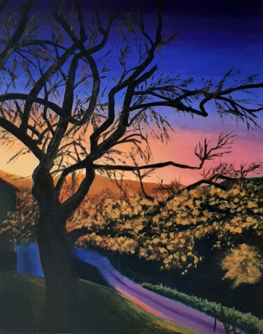 Malerei mit dem Titel "Sunset and tree, la…" von Monica Le Crom, Original-Kunstwerk, Acryl Auf Keilrahmen aus Holz montiert
