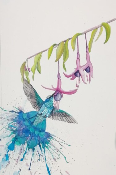 Painting titled "Colibri Azul" by Mónica Tejero Green, Original Artwork, Watercolor Mounted on Wood Panel