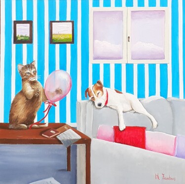 Pintura intitulada "Un gatto dispettoso" por Monica Zambon, Obras de arte originais, Óleo