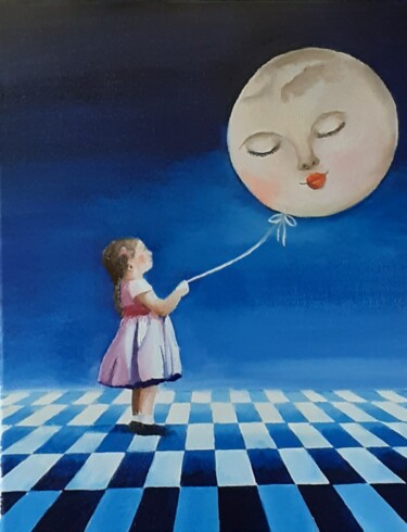 Malerei mit dem Titel "A spasso con Luna" von Monica Zambon, Original-Kunstwerk, Öl